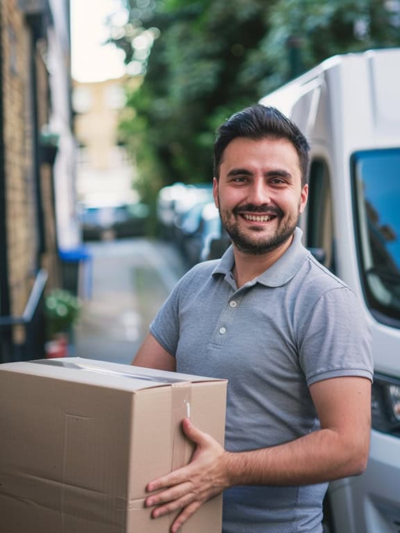 man holding a box and smiling