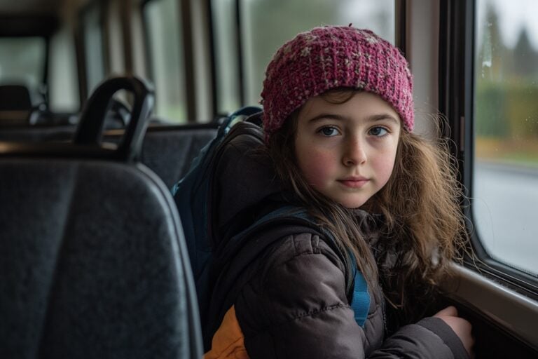 A young female student inside the school bus in the concept of 'top schools in Sutton'.