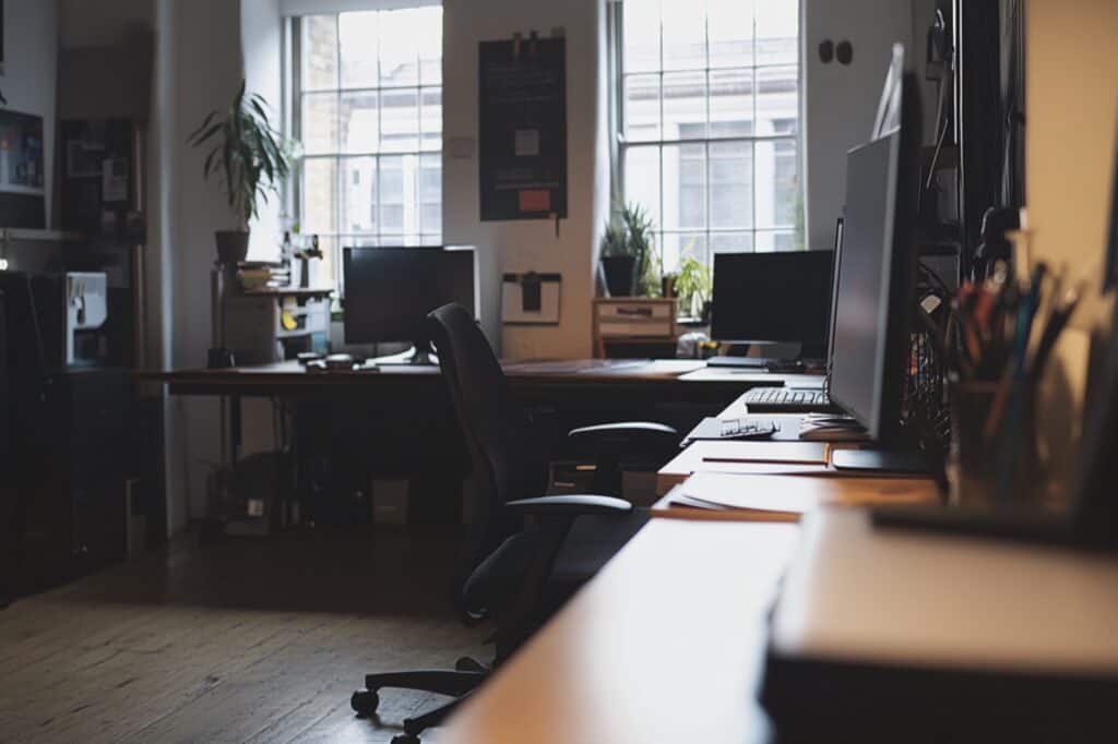 A small office with desks, chairs, and tables