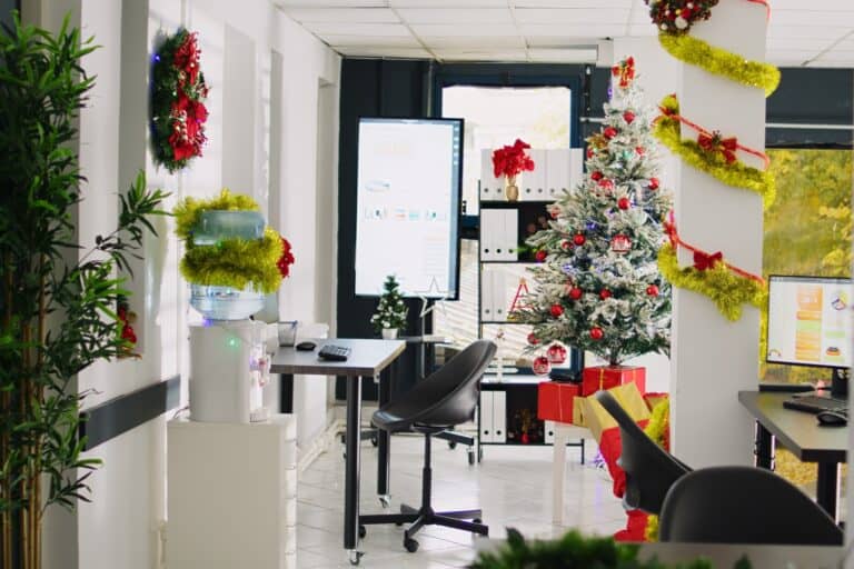 A new office decorated for the holidays in the concept of 'How to Set Up a New Office After the Move to Sutton'.