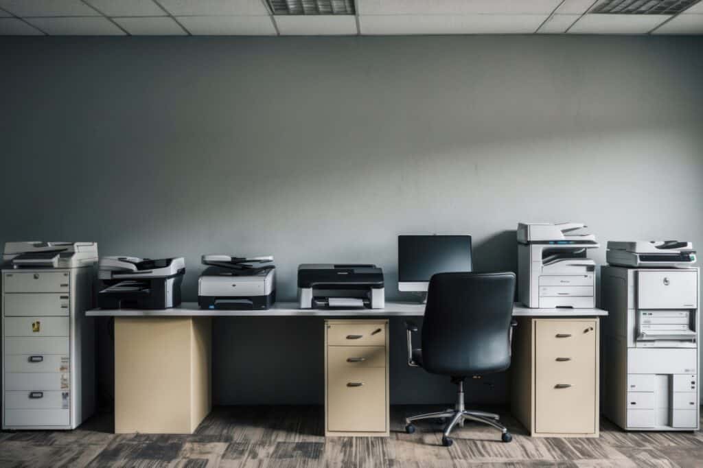 In the corner of the room with printers, scanners, and computer monitor