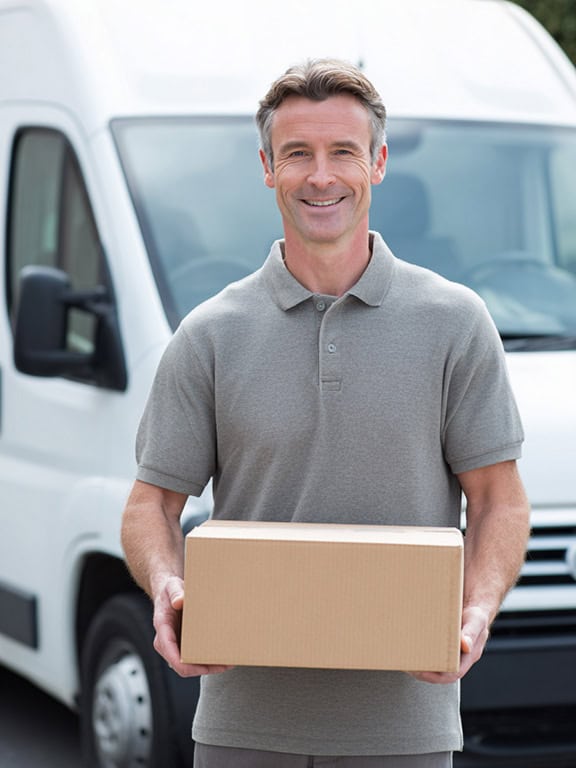 man wearing gray polo shirt holding a cardboard box
